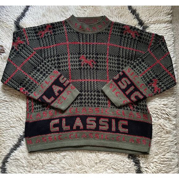Vintage Knit Sweater green CLASSIC horse plaid Equestrian 80s - Picture 1 of 16